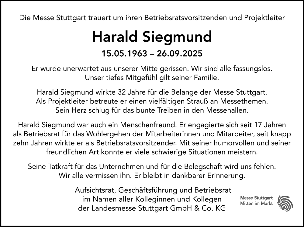  Traueranzeige für Harald Siegmund vom 22.10.2025 aus Stuttgarter Zeitung / Stuttgarter Nachrichten
