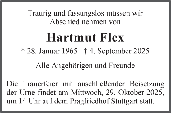 Traueranzeige von Hartmut Flex von Stuttgarter Zeitung / Stuttgarter Nachrichten