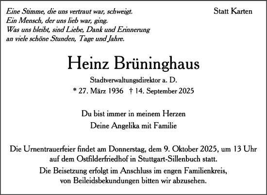 Traueranzeige von Heinz Brüninghaus von Stuttgarter Zeitung / Stuttgarter Nachrichten