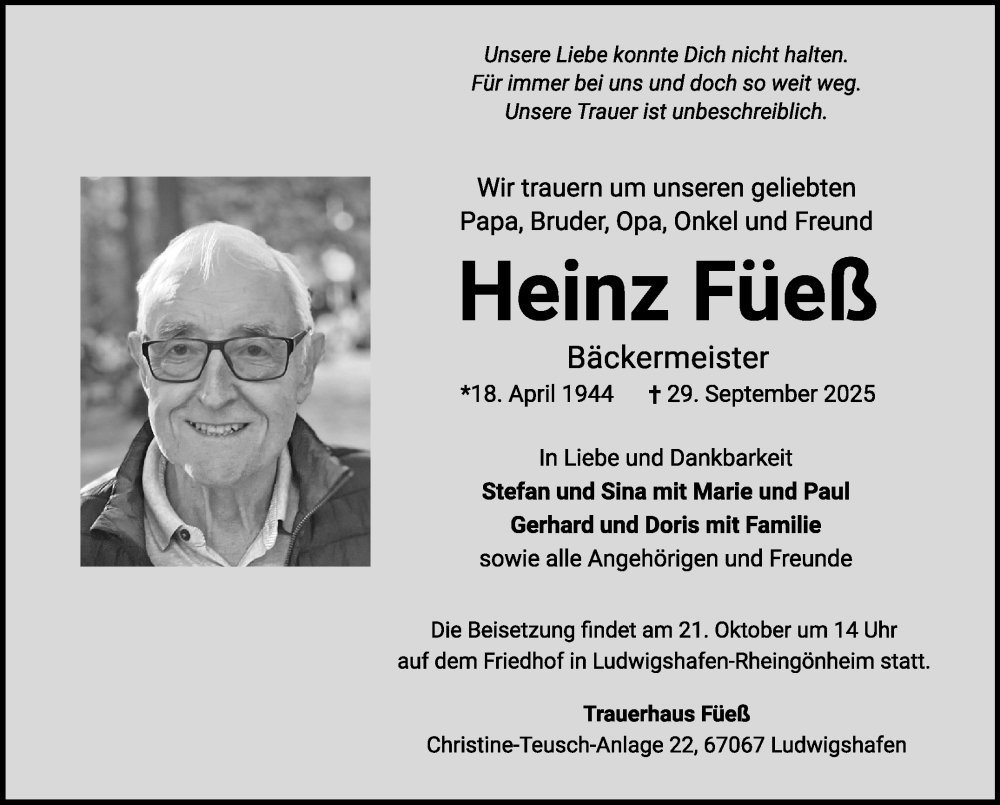  Traueranzeige für Heinz Füeß vom 11.10.2025 aus Stuttgarter Zeitung / Stuttgarter Nachrichten