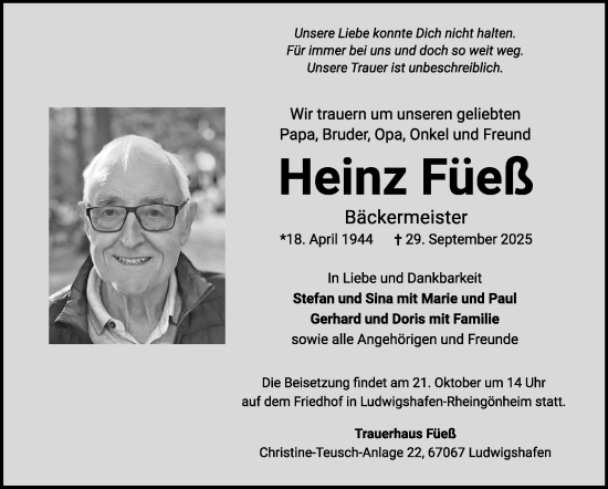 Traueranzeige von Heinz Füeß von Stuttgarter Zeitung / Stuttgarter Nachrichten