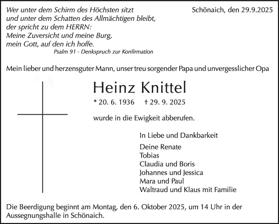 Traueranzeige von Heinz Knittel von Kreiszeitung Böblinger Bote