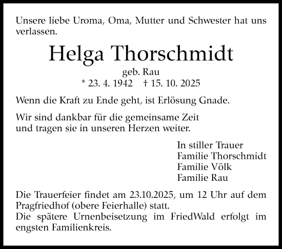 Traueranzeige von Helga Thorschmidt von Stuttgarter Zeitung / Stuttgarter Nachrichten