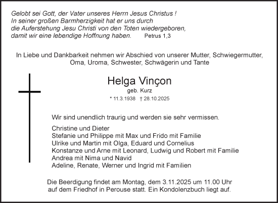 Traueranzeige von Helga Vincon von Leonberger Kreiszeitung / Strohgäu Extra
