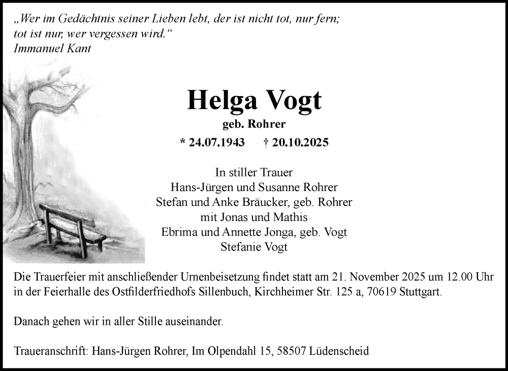  Traueranzeige für Helga Vogt vom 31.10.2025 aus Stuttgarter Zeitung / Stuttgarter Nachrichten