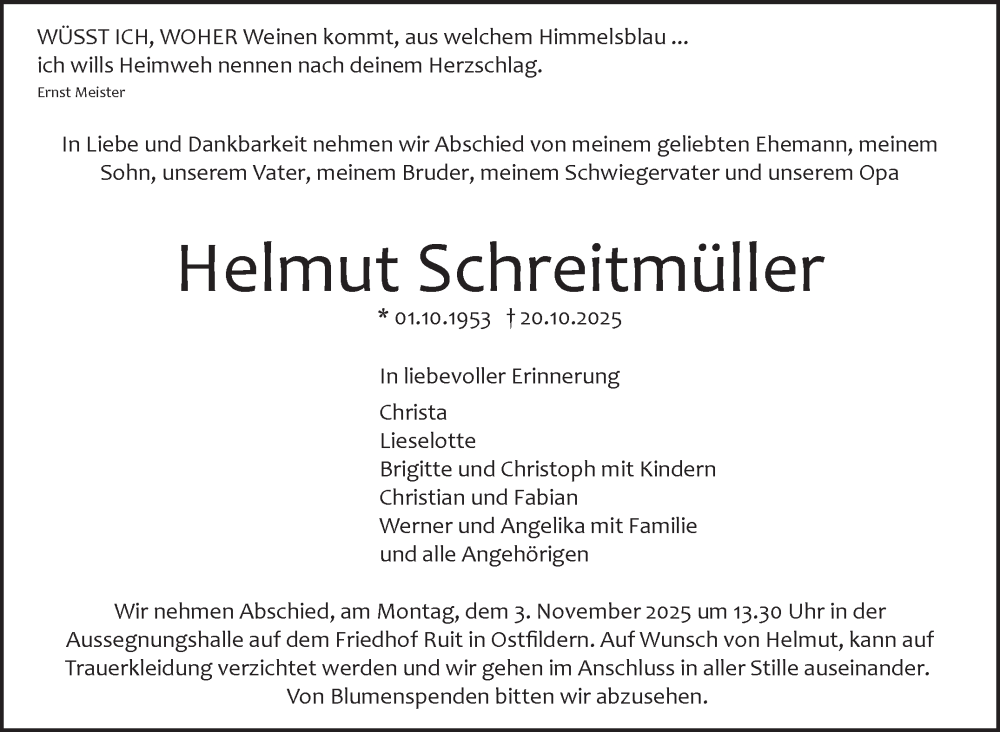  Traueranzeige für Helmut Schreitmüller vom 30.10.2025 aus Stuttgarter Zeitung / Stuttgarter Nachrichten
