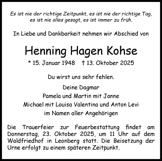 Traueranzeige von Henning Hagen Kohse von Leonberger Kreiszeitung / Strohgäu Extra