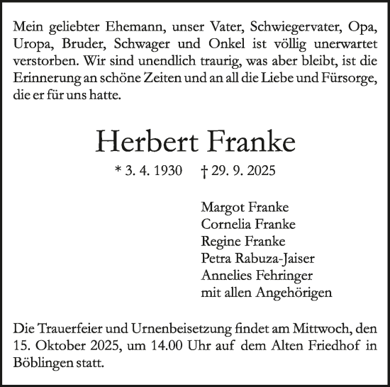 Traueranzeige von Herbert Franke von Kreiszeitung Böblinger Bote