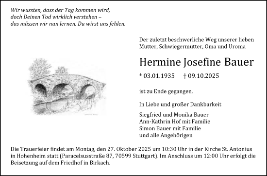 Traueranzeige von Hermine Josefine Bauer von Stuttgarter Zeitung / Stuttgarter Nachrichten