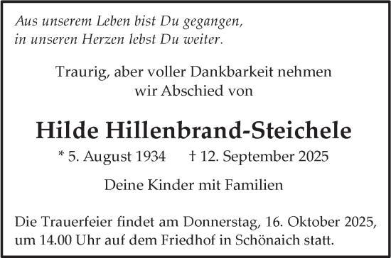 Traueranzeige von Hilde Hillenbrand-Steichele von Kreiszeitung Böblinger Bote