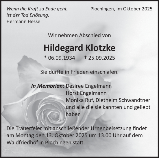 Traueranzeige von Hildegard Klotzke von Eßlinger Zeitung