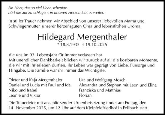 Traueranzeige von Hildegard Mergenthaler von Stuttgarter Zeitung / Stuttgarter Nachrichten