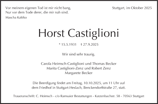 Traueranzeige von Horst Castiglioni von Stuttgarter Zeitung / Stuttgarter Nachrichten