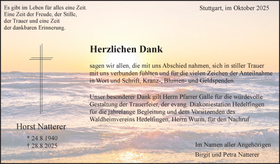 Traueranzeige von Horst Natterer von Stuttgarter Zeitung / Stuttgarter Nachrichten