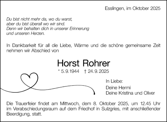 Traueranzeige von Horst Rohrer von Eßlinger Zeitung