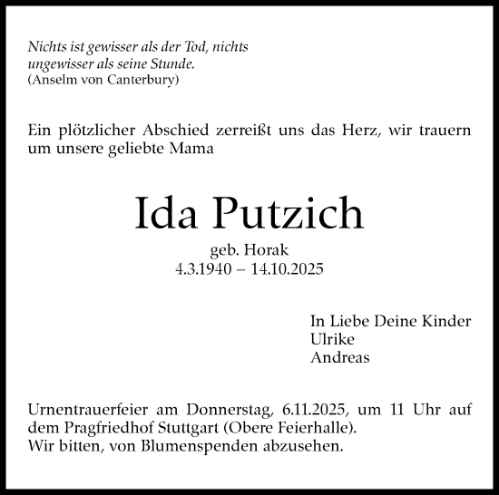 Traueranzeige von Ida Putzich von Stuttgarter Zeitung / Stuttgarter Nachrichten