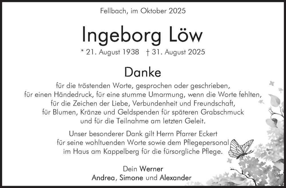  Traueranzeige für Ingeborg Löw vom 10.10.2025 aus Stuttgarter Zeitung / Stuttgarter Nachrichten