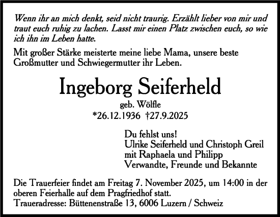 Traueranzeige von Ingeborg Seiferheld von Stuttgarter Zeitung / Stuttgarter Nachrichten