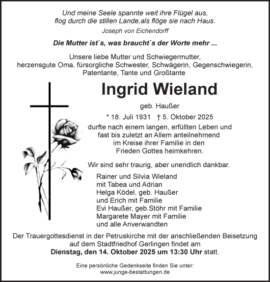 Traueranzeige von Ingrid Wieland von Stuttgarter Zeitung / Stuttgarter Nachrichten