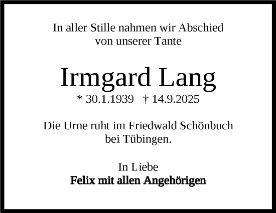 Traueranzeige von Irmgard Lang von Eßlinger Zeitung