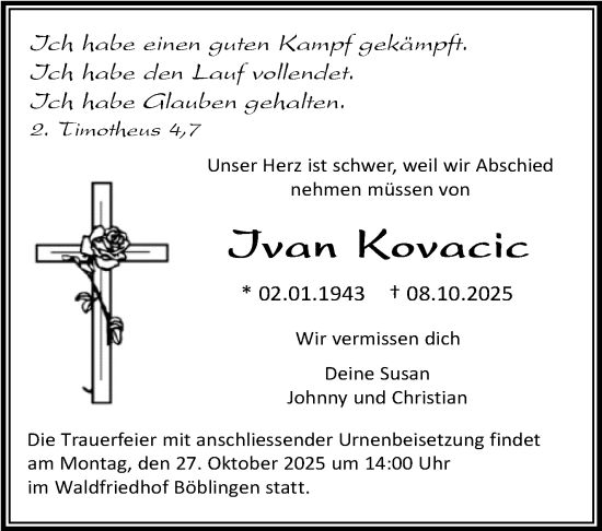 Traueranzeige von Ivan Kovacic von Kreiszeitung Böblinger Bote