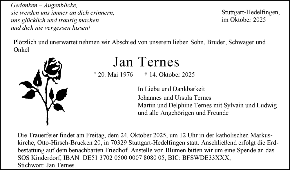  Traueranzeige für Jan Ternes vom 18.10.2025 aus Stuttgarter Zeitung / Stuttgarter Nachrichten