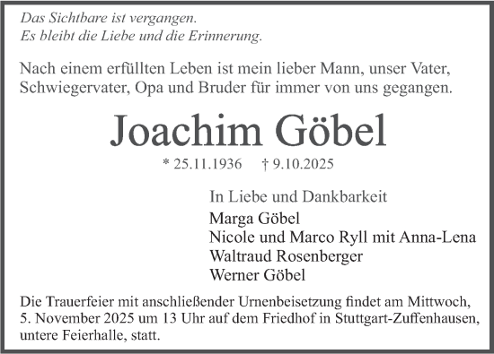 Traueranzeige von Joachim Göbel von Stuttgarter Zeitung / Stuttgarter Nachrichten