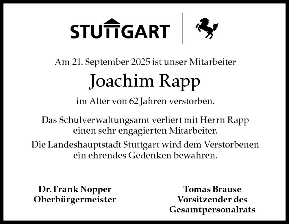  Traueranzeige für Joachim Rapp vom 08.10.2025 aus Stuttgarter Zeitung / Stuttgarter Nachrichten