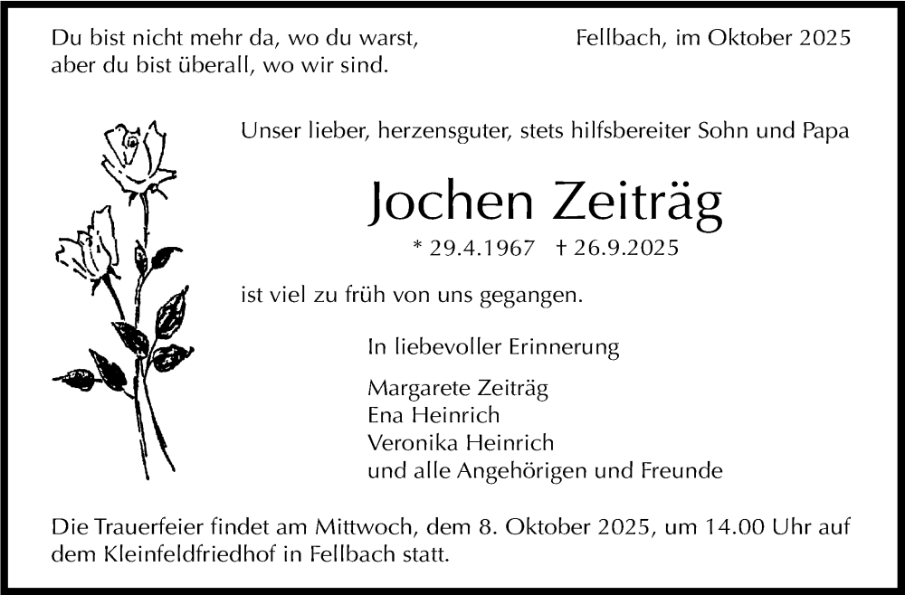  Traueranzeige für Jochen Zeiträg vom 02.10.2025 aus Stuttgarter Zeitung / Stuttgarter Nachrichten
