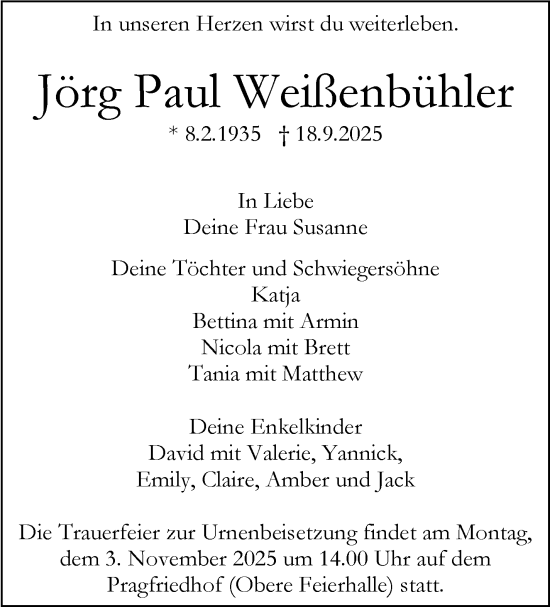 Traueranzeige von Jörg Paul Weißenbühler von Stuttgarter Zeitung / Stuttgarter Nachrichten