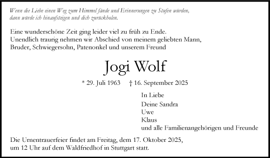 Traueranzeige von Jogi Wolf von Stuttgarter Zeitung / Stuttgarter Nachrichten