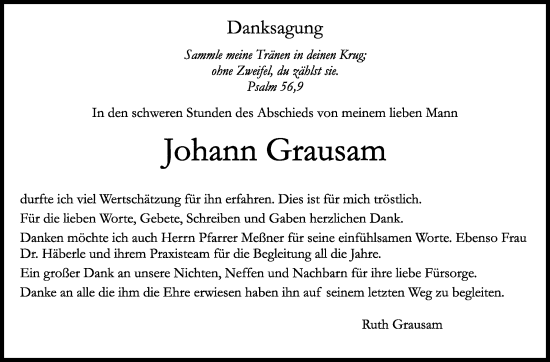 Traueranzeige von Johann Grausam von Kreiszeitung Böblinger Bote