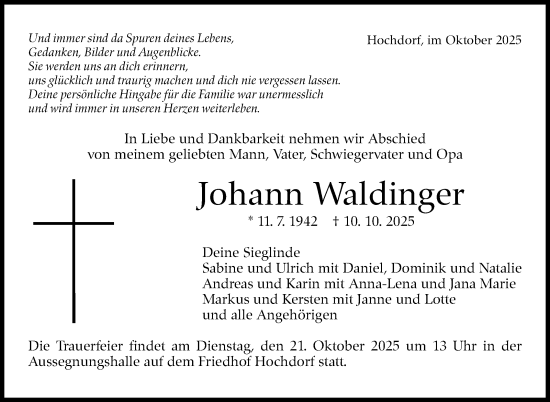 Traueranzeige von Johann Waldinger von Eßlinger Zeitung