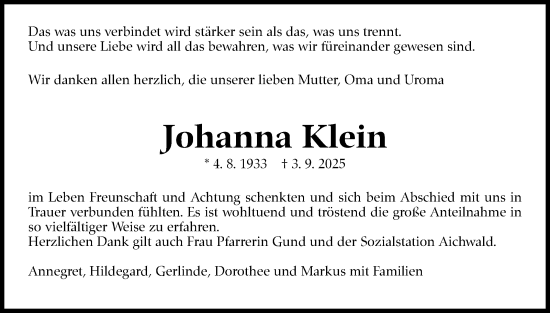 Traueranzeige von Johanna Klein von Eßlinger Zeitung
