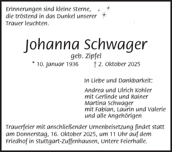 Traueranzeige von Johanna Schwager von Stuttgarter Zeitung / Stuttgarter Nachrichten