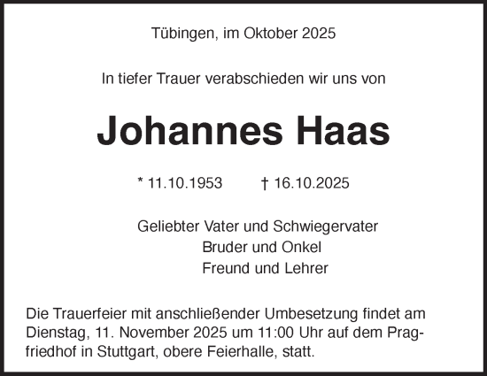 Traueranzeige von Johannes Haas von Leonberger Kreiszeitung / Strohgäu Extra