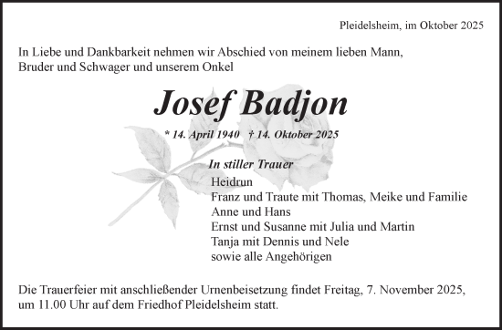 Traueranzeige von Josef Badjon von Leonberger Kreiszeitung / Strohgäu Extra