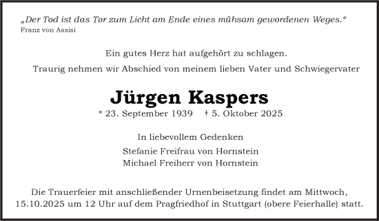 Traueranzeige von Jürgen Kaspers von Stuttgarter Zeitung / Stuttgarter Nachrichten