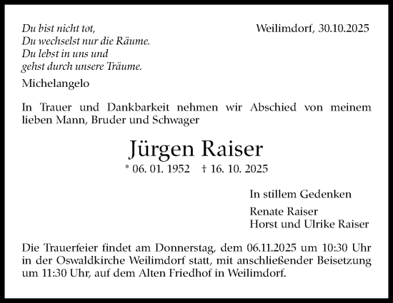 Traueranzeige von Jürgen Raiser von Stuttgarter Zeitung / Stuttgarter Nachrichten
