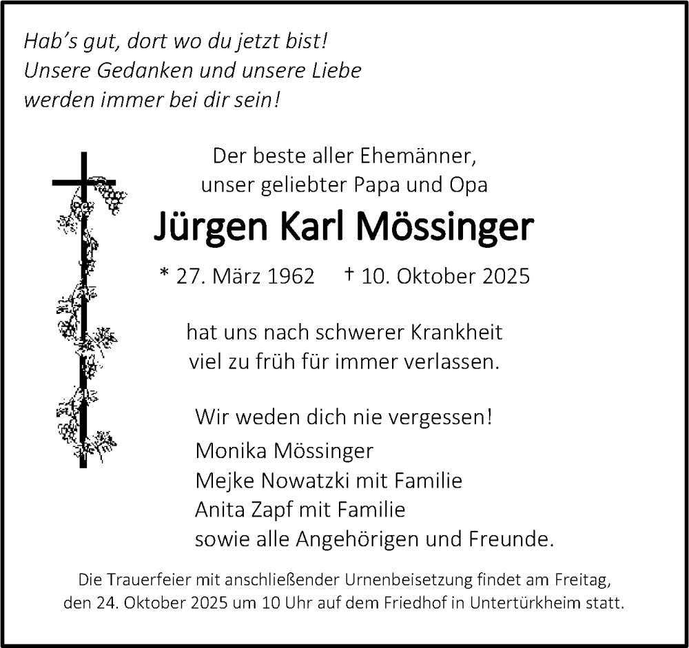  Traueranzeige für Jürgen Karl Mössinger vom 18.10.2025 aus Stuttgarter Zeitung / Stuttgarter Nachrichten