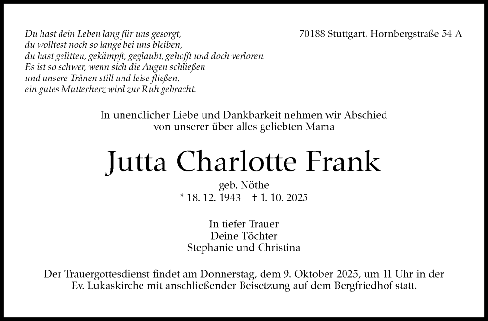  Traueranzeige für Jutta Charlotte Frank vom 06.10.2025 aus Stuttgarter Zeitung / Stuttgarter Nachrichten