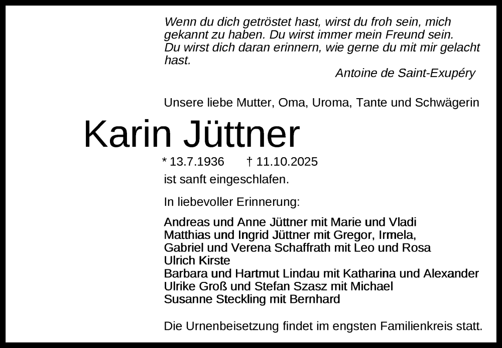  Traueranzeige für Karin Jüttner vom 18.10.2025 aus Stuttgarter Zeitung / Stuttgarter Nachrichten