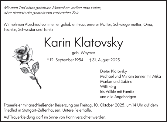Traueranzeige von Karin Klatovsky von Stuttgarter Zeitung / Stuttgarter Nachrichten