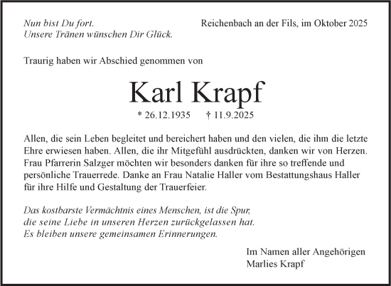 Traueranzeige von Karl Krapf von Eßlinger Zeitung
