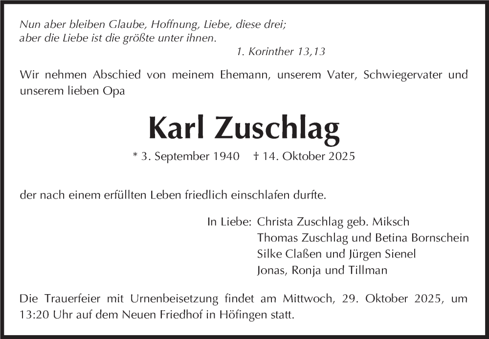 Traueranzeige für Karl Zuschlag vom 24.10.2025 aus Leonberger Kreiszeitung / Strohgäu Extra