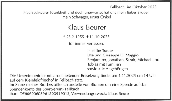 Traueranzeige von Klaus Beurer von Stuttgarter Zeitung / Stuttgarter Nachrichten