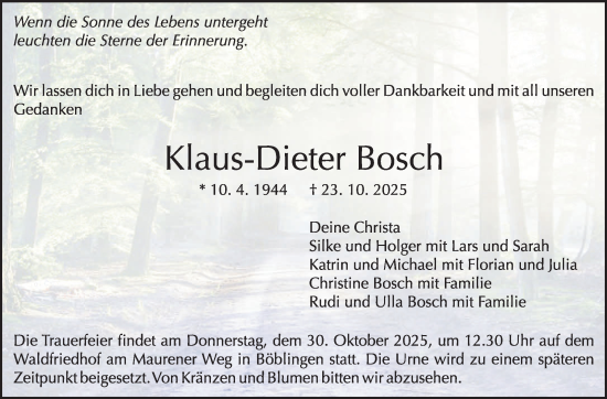 Traueranzeige von Klaus-Dieter Bosch von Kreiszeitung Böblinger Bote
