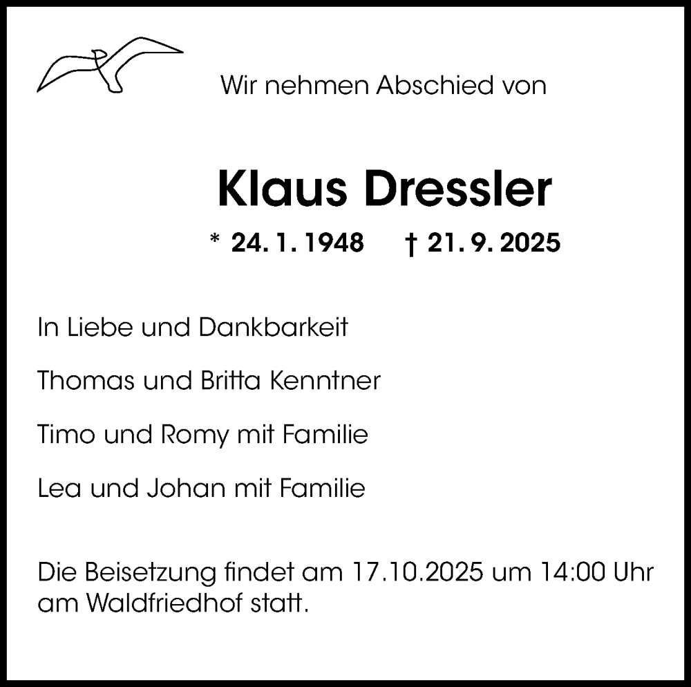  Traueranzeige für Klaus Dressler vom 04.10.2025 aus Stuttgarter Zeitung / Stuttgarter Nachrichten