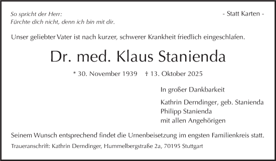 Traueranzeige von Klaus Stanienda von Stuttgarter Zeitung / Stuttgarter Nachrichten