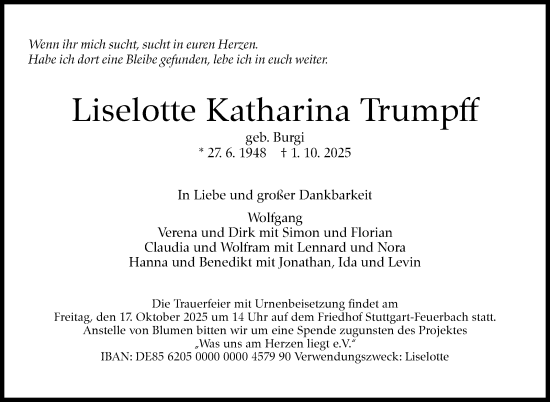 Traueranzeige von Liselotte Katharina Trumpff von Stuttgarter Zeitung / Stuttgarter Nachrichten